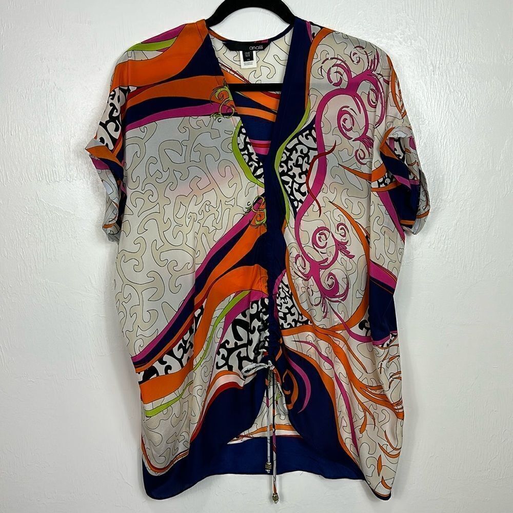 Analili Silk Colorful Short Sleeve Drawstring Relaxed Fit Tunic Top One Size